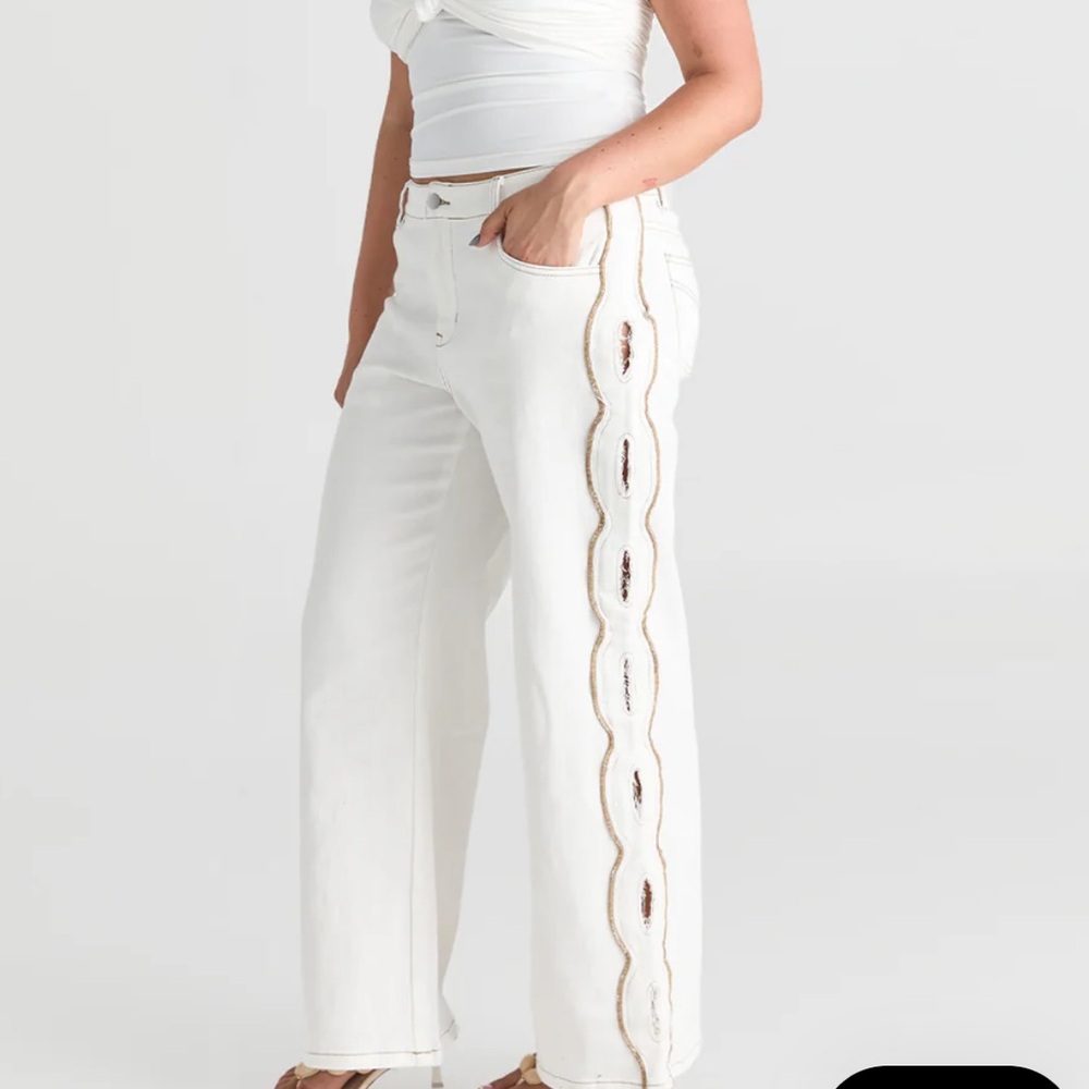 Sasha Theresa White Wide Leg Embroidered Pants